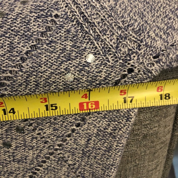 White House Black Market XS V Neck Sweater Silver Embellishments Blue White - Picture 5 of 8